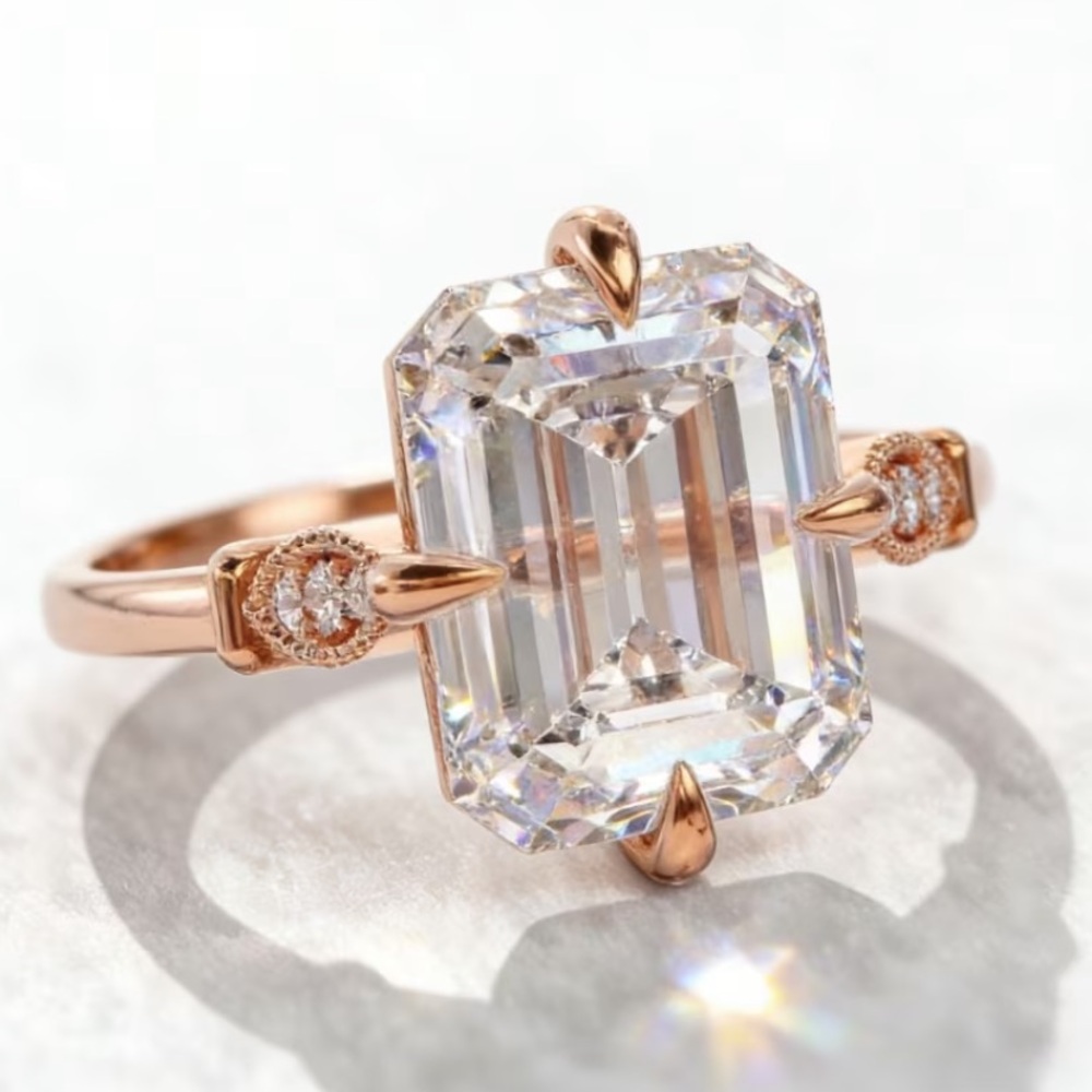 Rose Gold Emerald-Cut Clear Crystal Solitaire Ring